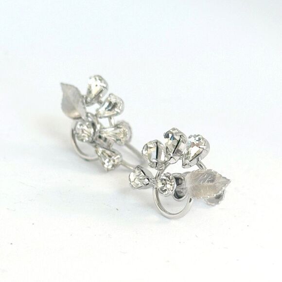 Krementz Vintage Rhinestone Spiral Earrings Screwbacks Leaf Design - Picture 3 of 4